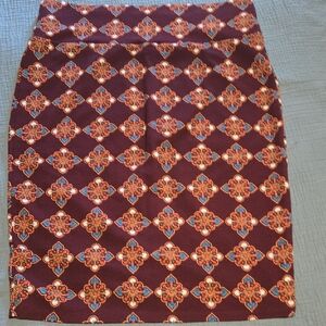 LuLaRoe Burgundy and Orange Cassie Patterned Pencil Skirt Size XL